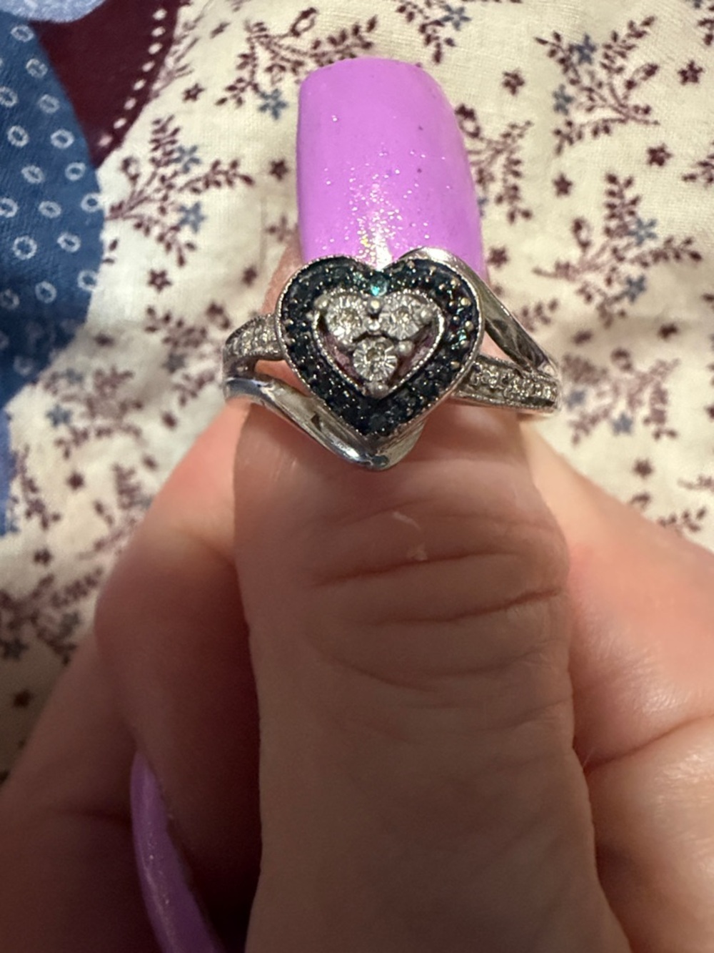 925 Sterling Silver Heart Ring White And Blue Diamonds